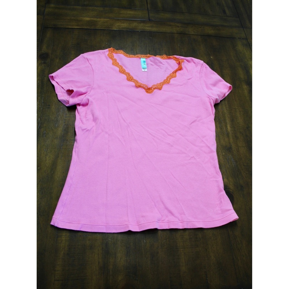 Hue Womens Pink Ribbed Cotton V-Neck Tee with Orange Lace Trim Size L RN62856